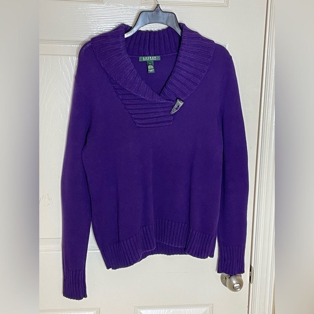 LRL Ralph Lauren Cotton Sweater Purple Pullover Bone Button Green Label Large - Picture 9 of 11
